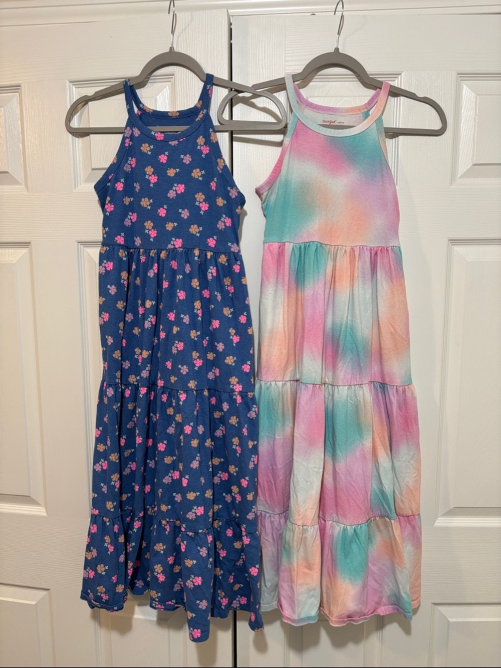 Cat & Jack Girls' Navy Floral Tiered Dress & Multicolor Pastel Tie-Dye Dress